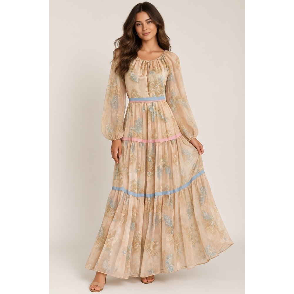 Vtg 70s Floral Prairie Tiered Maxi Dress Sheer Boho Hippie Cottagecore 11(S)